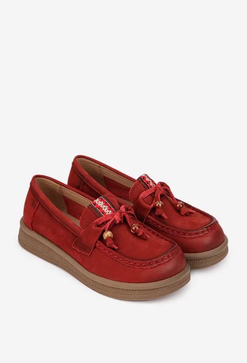 Pantofi dama NUR bordo din piele nabuc cu ornament