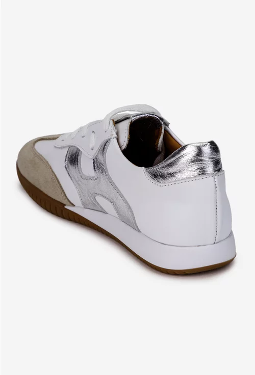 Pantofi dama NUR din piele alba cu detalii bej si argintii