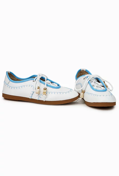 Pantofi dama NUR din piele alba cu detalii bleu