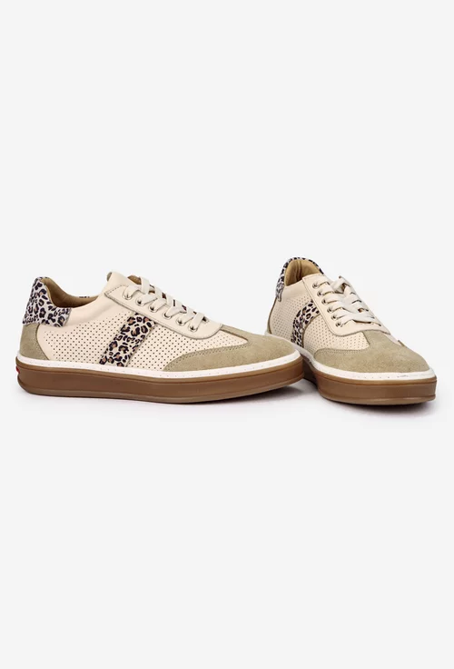 Pantofi dama NUR din piele bej cu detalii animal print