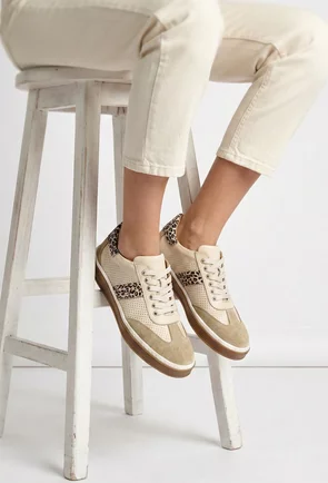 Pantofi dama NUR din piele bej cu detalii animal print