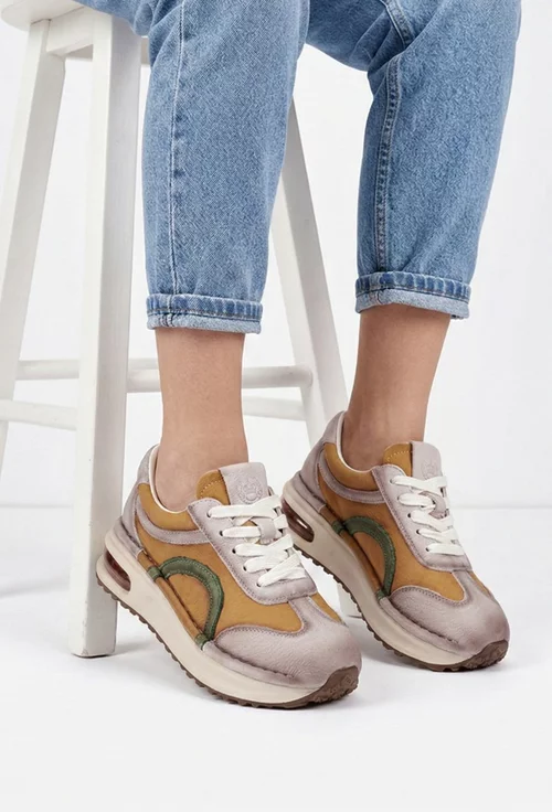 Pantofi dama NUR din piele bej cu galben