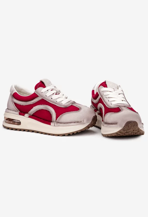 Pantofi dama NUR din piele bej cu rosu