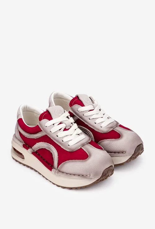 Pantofi dama NUR din piele bej cu rosu