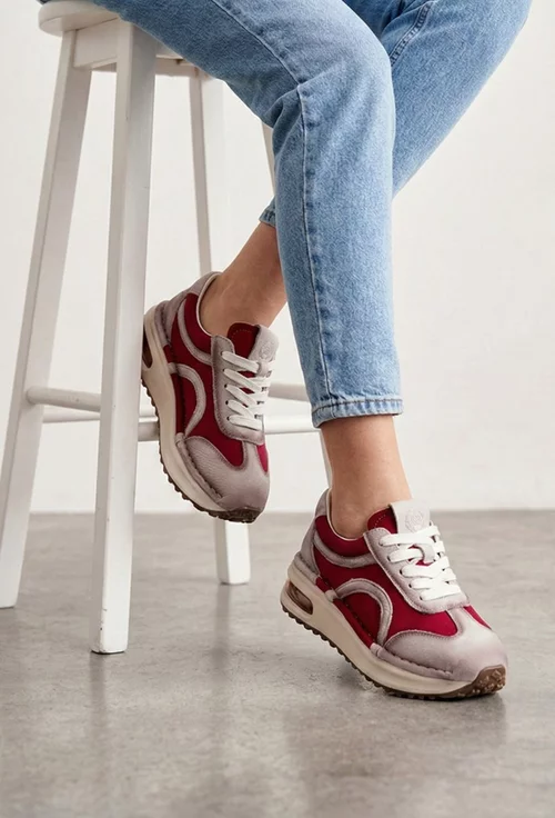 Pantofi dama NUR din piele bej cu rosu