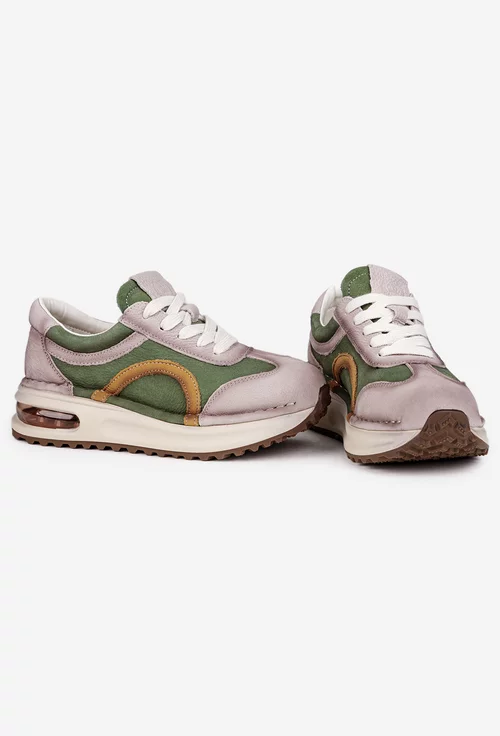 Pantofi dama NUR din piele bej cu verde