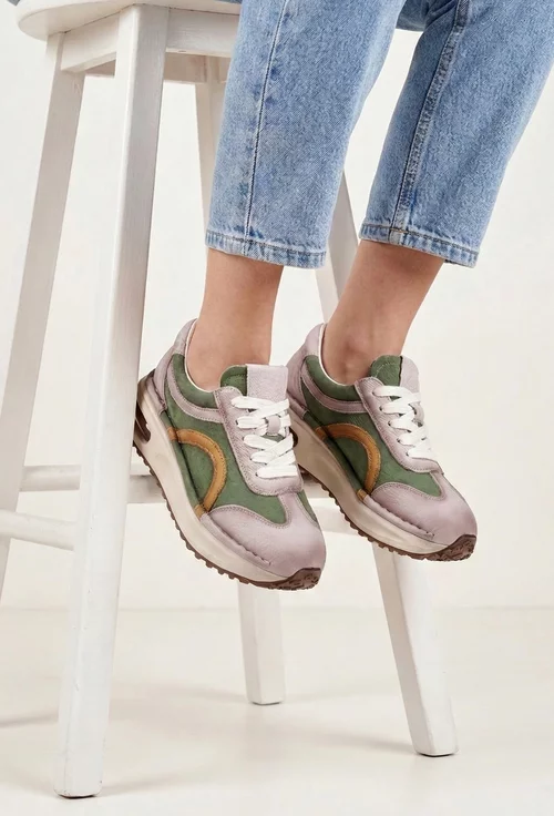 Pantofi dama NUR din piele bej cu verde