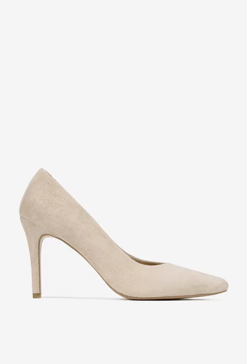 Pantofi dama NUR din piele intoarsa bej cu toc subtire