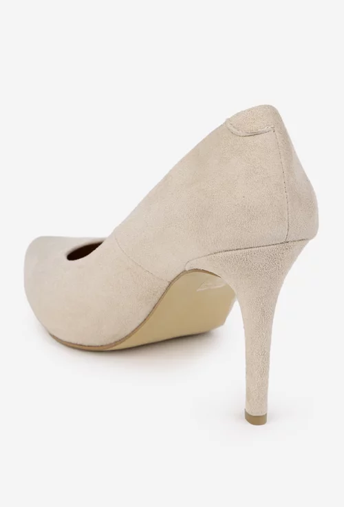 Pantofi dama NUR din piele intoarsa bej cu toc subtire