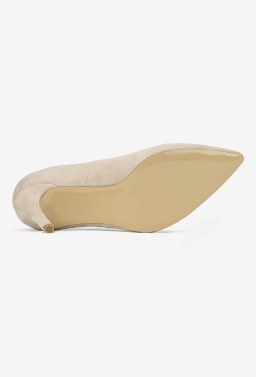 Pantofi dama NUR din piele intoarsa bej cu toc subtire