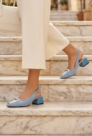 Pantofi dama NUR din piele intoarsa bleu cu ornament