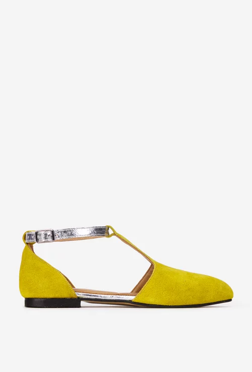 Pantofi dama NUR din piele intoarsa galbena cu decupaje