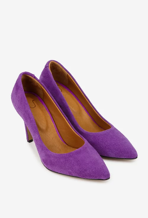 Pantofi dama NUR din piele intoarsa mov cu toc subtire picture - 3