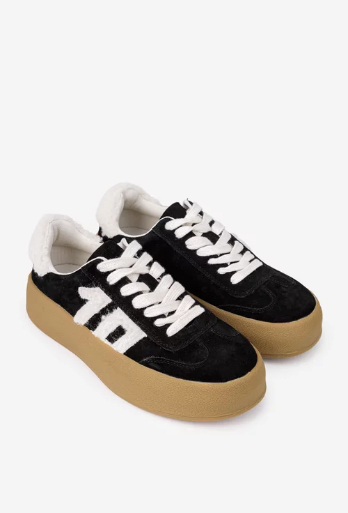 Pantofi dama NUR din piele intoarsa neagra accesorizati cu blanita