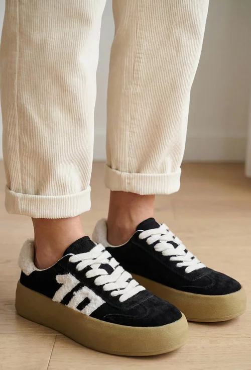 Pantofi dama NUR din piele intoarsa neagra accesorizati cu blanita