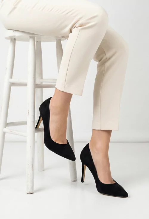 Pantofi dama NUR din piele intoarsa neagra cu toc subtire