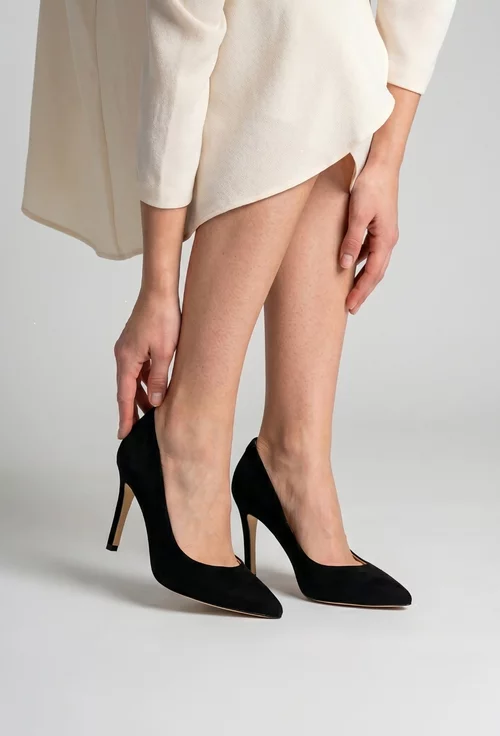 Pantofi dama NUR din piele intoarsa neagra cu toc subtire picture - 2