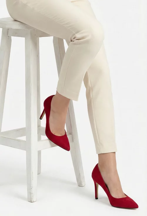 Pantofi dama NUR din piele intoarsa rosie cu toc subtire