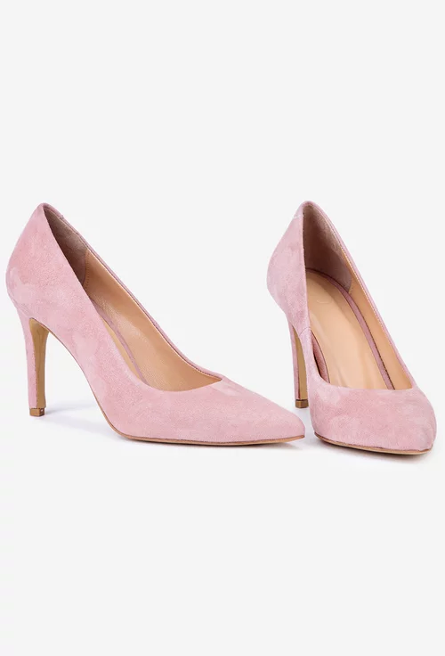 Pantofi dama NUR din piele intoarsa roz pudra cu toc subtire