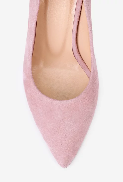 Pantofi dama NUR din piele intoarsa roz pudra cu toc subtire