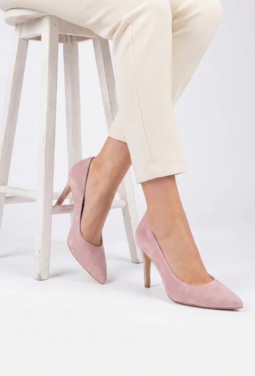 Pantofi dama NUR din piele intoarsa roz pudra cu toc subtire