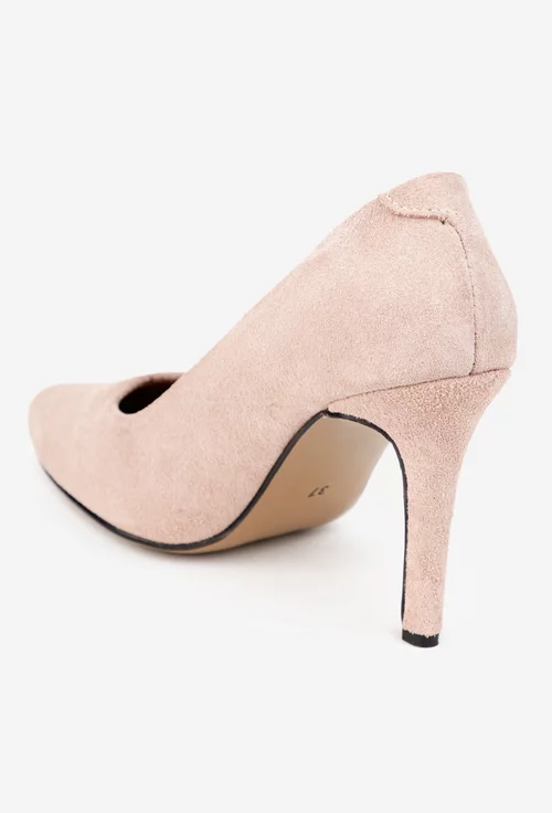 Pantofi dama NUR din piele intoarsa roz pudra cu toc subtire picture - 3