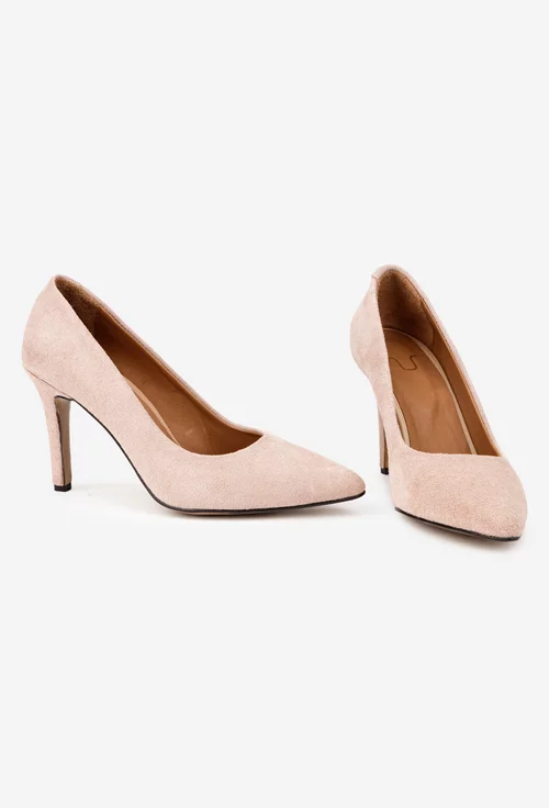 Pantofi dama NUR din piele intoarsa roz pudra cu toc subtire picture - 5