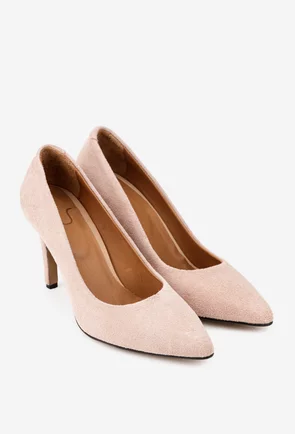 Pantofi dama NUR din piele intoarsa roz pudra cu toc subtire