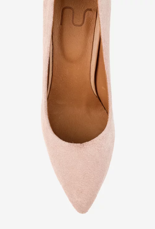 Pantofi dama NUR din piele intoarsa roz pudra cu toc subtire picture - 6