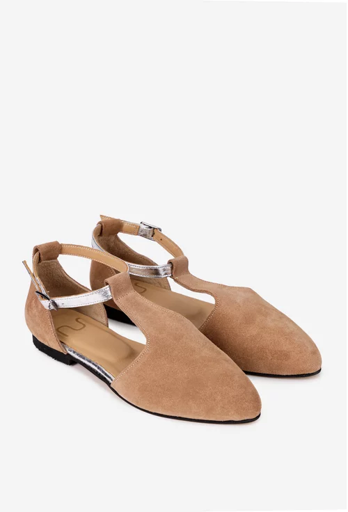 Pantofi dama NUR din piele intoarsa taupe cu decupaje