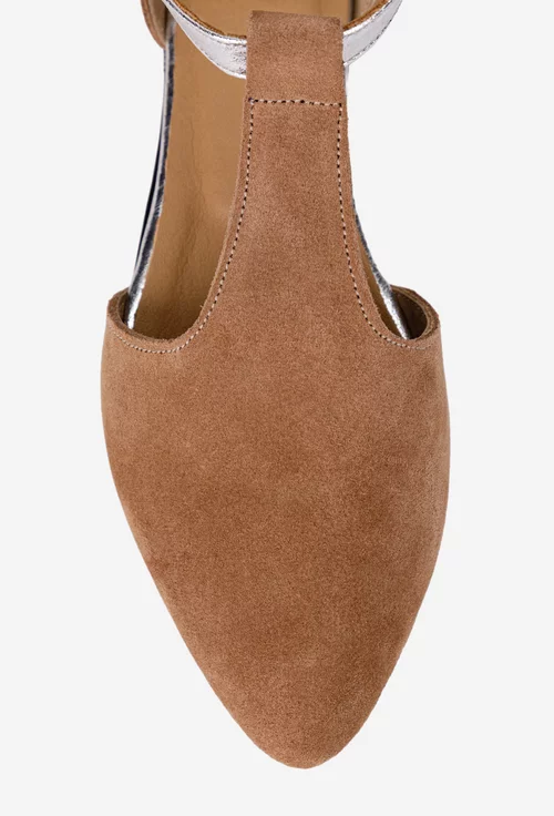 Pantofi dama NUR din piele intoarsa taupe cu decupaje