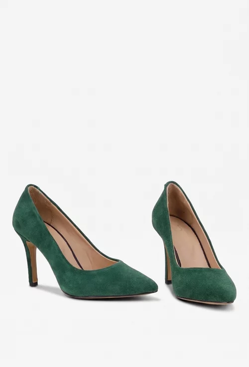 Pantofi dama  NUR din piele intoarsa verde cu toc subtire