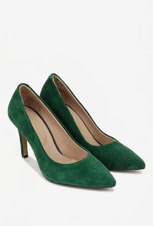 Pantofi dama  NUR din piele intoarsa verde cu toc subtire