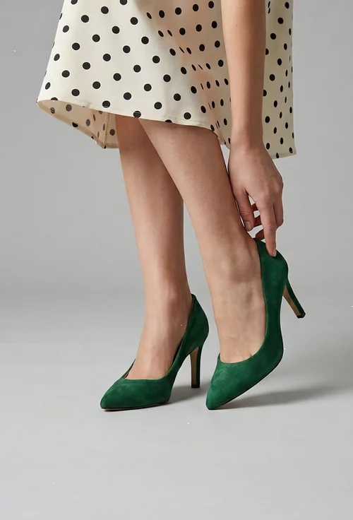 Pantofi dama  NUR din piele intoarsa verde cu toc subtire