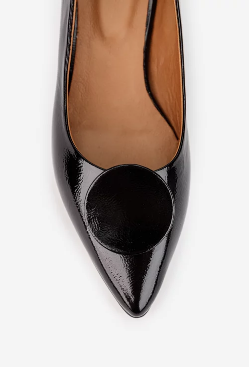 Pantofi dama NUR din piele lacuita neagra cu ornament