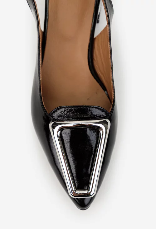 Pantofi dama NUR din piele lacuita neagra cu ornament