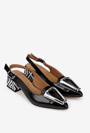 Pantofi dama NUR din piele lacuita neagra cu ornament