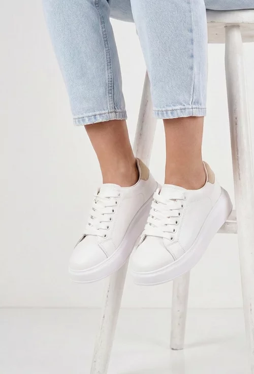 Pantofi dama NUR din piele naturala alba cu bej