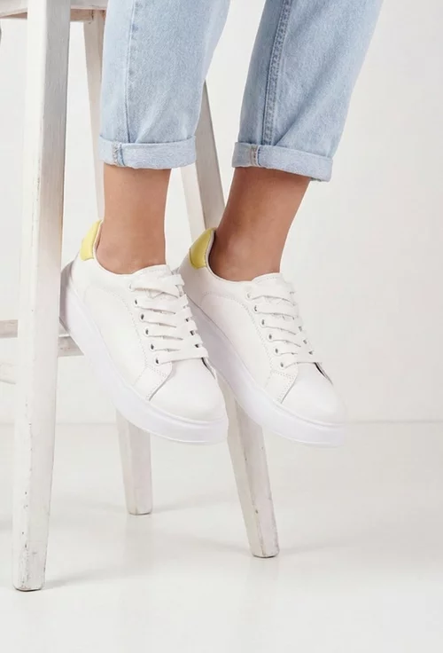Pantofi dama NUR din piele naturala alba cu galben