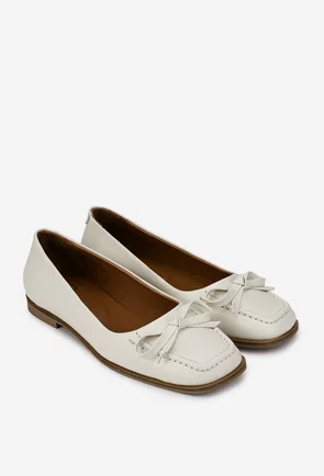 Pantofi dama NUR din piele naturala bej cu funda