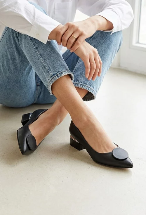 Pantofi dama NUR din piele naturala neagra cu ornament picture - 2