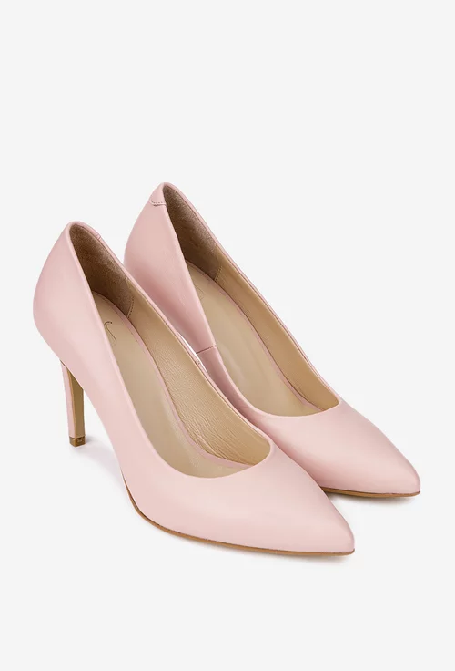 Pantofi dama NUR din piele naturala roz pudra cu toc subtire