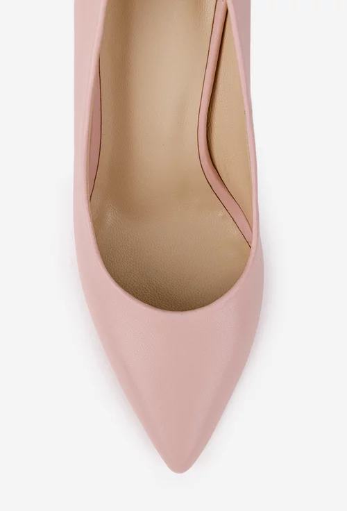 Pantofi dama NUR din piele naturala roz pudra cu toc subtire