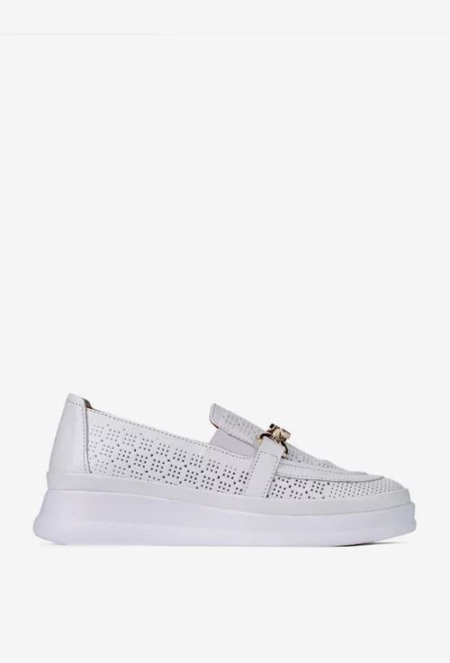 Pantofi dama NUR din piele perforata alba cu ornament