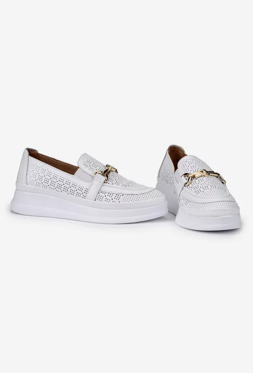 Pantofi dama NUR din piele perforata alba cu ornament