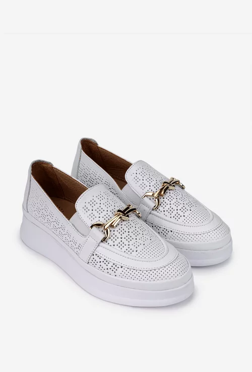 Pantofi dama NUR din piele perforata alba cu ornament