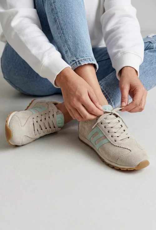 Pantofi dama NUR grej cu verde deschis din piele intoarsa