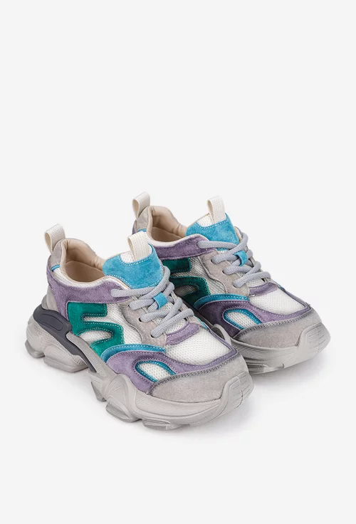 Pantofi dama NUR gri cu bleu din material textil si piele intoarsa