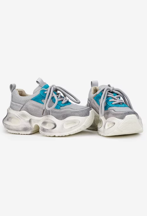 Pantofi dama NUR gri cu bleu din piele intoarsa si material textil
