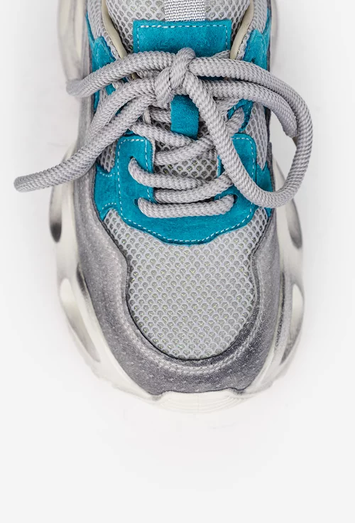 Pantofi dama NUR gri cu bleu din piele intoarsa si material textil